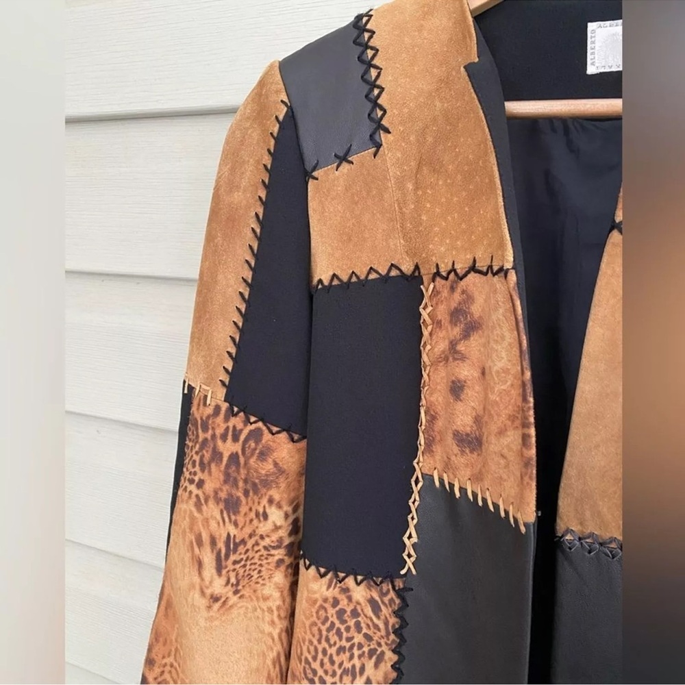 Suede Leather Patchwork Duster Jacket Coat - Picture 14 of 16